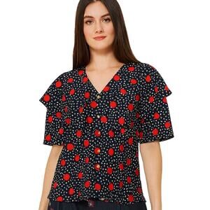 Mansfield top red black white ruffle top button up blouse Sz 12 Satin feeling